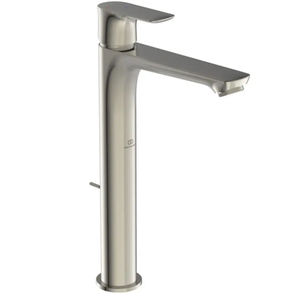 Ideal Standard Waschbeckenarmatur in Silber mit einer schlanken Form und einem Hebel zum Einstellen der Wassertemperatur. Höhe und Design ermöglichen eine einfache Handhabung.